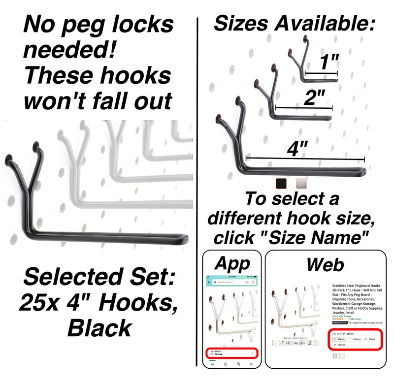 Right Arrange Steel Pegboard Hooks 25-Pack 4" L Hook, Black - Will Not Fall Out, Fits Any Peg Board - Organize Tools, Accessories, Workbench, Garage Storage, Kitchen, Crafts, Jewelry, Retail - Image 2